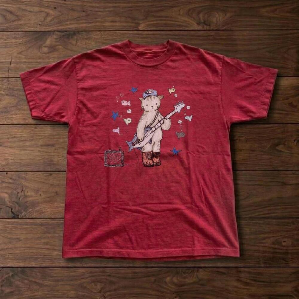 Cat Playing Guitar Bass Graphic Indie Red T-Shirt